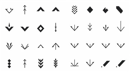 arrow, collection of icons of small black pointer arrows for design isolated on a white background, flat minimalism graphics, set of illustrations