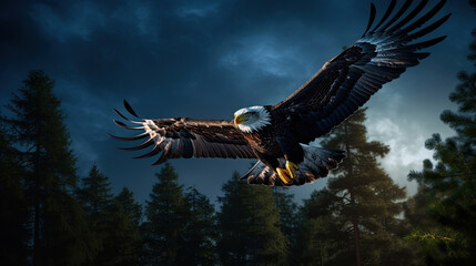 Fototapeta premium A Regal Eagle Is Soaring High Above The Treetops, Background For Banner, HD