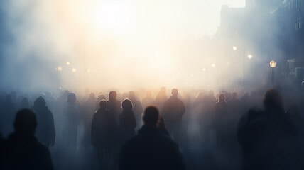 abstract silhouettes of crowds of people in the fog, blurred light background urban view traffic - obrazy, fototapety, plakaty