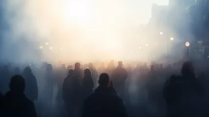 Foto auf Acrylglas abstract silhouettes of crowds of people in the fog, blurred light background urban view traffic © kichigin19