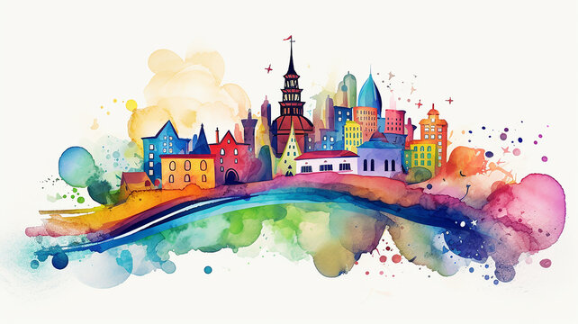 multicolored abstract city, watercolor illustration ink and spots of all colors of the rainbow isolated on a white background, composition of a row of houses