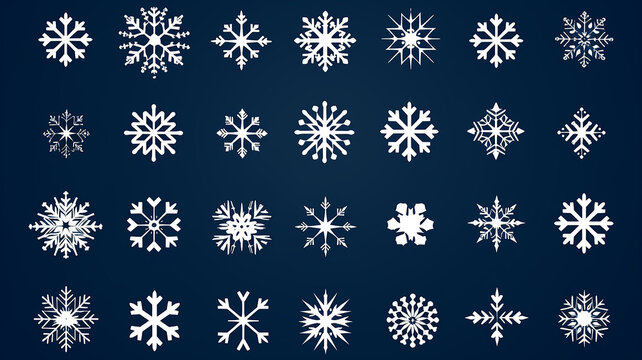collection of snowflakes isolated on a black background, flat minimalism graphics, set of winter patterns