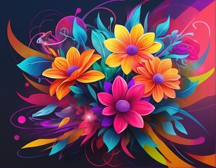 Fototapeta na wymiar Illustration of a vibrant bouquet of abstract flowers against a dynamic, patterned background in bold, contrasting hues and vibrant, bright lighting.