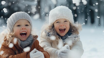 Children in snowball fight, embodying the winter vibe. They are actively playing outdoors on a snowy day.