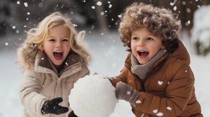 Children in snowball fight, embodying the winter vibe. They are actively playing outdoors on a snowy day.