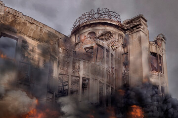 Naklejka premium Ruins of the Atomic Bomb Dome in Hiroshima, Japan. Damage to building with dome remaining in Hiroshima, Japan. 