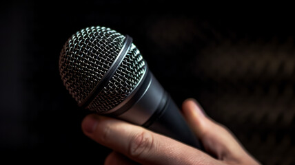 close up, hand holding a microphone I am singing at a concert