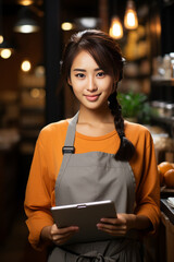 Asian barista with tablet at cafe entrance.