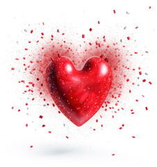 Heart design isolated on white background with red glittery and shiny confetti.