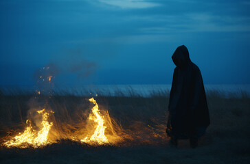 Silhouette of a man in a robe standing in the middle of a burning field