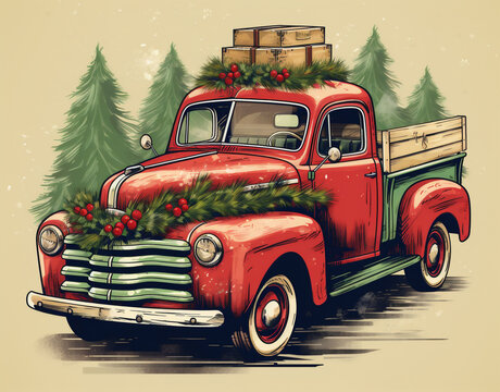 Vintage truck with Christmas tree. Vector illustration. Retro style.