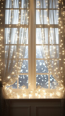 high panoramic window in Christmas decoration, design of glowing lights and small bulbs, background copy space vertical