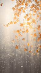 autumn background with yellow leaves and abstract glowing small lights, blurred copy space autumn design, vertical form
