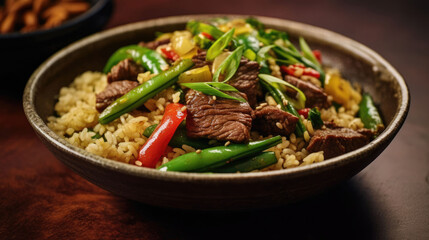 Fototapeta premium Beef And Green Bean Fried Rice Natural Color , Background For Banner, HD