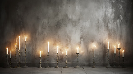 christmas decorations burning candles, abstract background copy space, empty blank wall background, on concrete wall