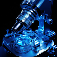 A microscope with its lights on in blue
