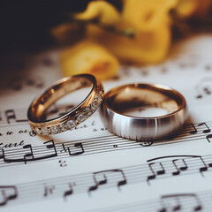 Two gold wedding rings have been placed on an old sheet of music
