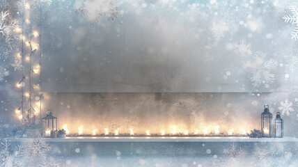 christmas decorations burning candles, abstract background copy space, empty wall blank background, illustration snowfall falling blurred snowflakes