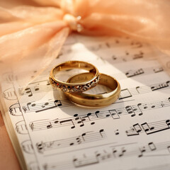 Two gold wedding rings have been placed on an old sheet of music
