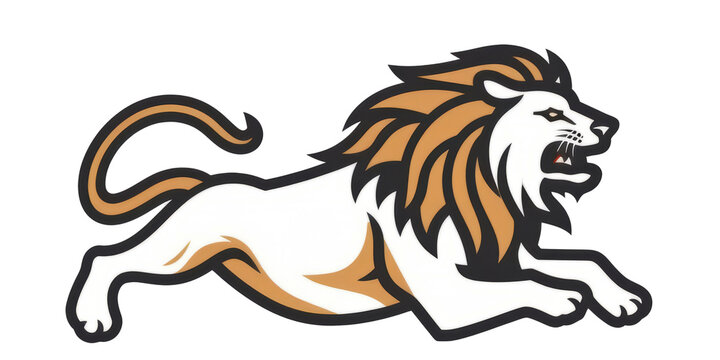 Flat lion graphic leaping forward on transparent background.