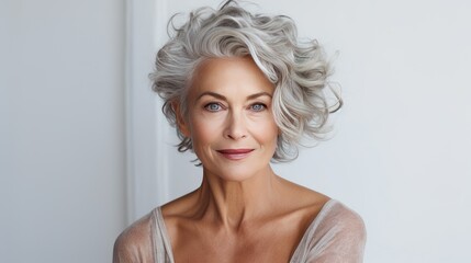 Fototapeta premium Studio shoot of a caucasian aging older model with gray hair on grey background. Close up beautiful mature woman with wrinkle healthy face skin. Senior lady natural beauty treatment anti aging concept