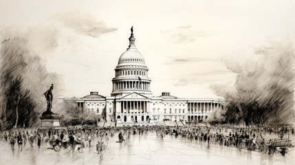 Sketch of the American Capitol with pedestrians in the late 1800s - obrazy, fototapety, plakaty