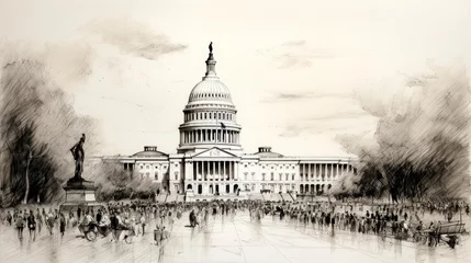 Foto op Plexiglas Sketch of the American Capitol with pedestrians in the late 1800s © James Nesterwitz