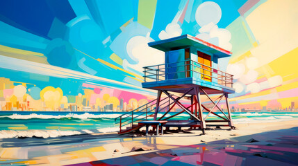 Painting of life guard shack on the beach - obrazy, fototapety, plakaty