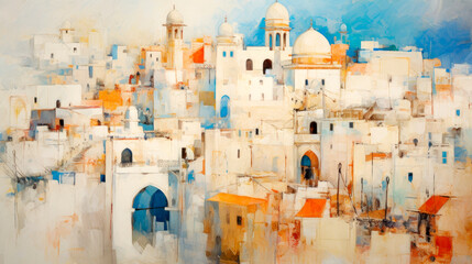 Painting of the old town in Tangier, Morocco