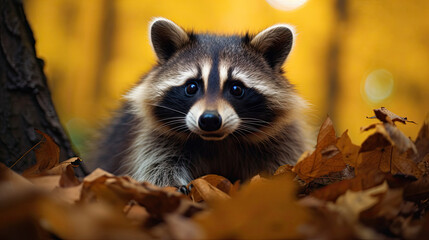 A Curious Raccoon Is In The Autumn Forest , Background For Banner, HD