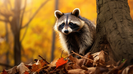 A Curious Raccoon Is In The Autumn Forest , Background For Banner, HD