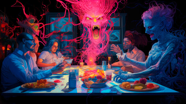 A horror Thanksgiving - zombies and ghosts gather around the table