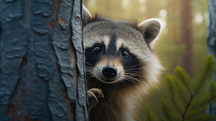 Fototapeta premium A Curious Raccoon Is Peeking Out From Behind A Tree, Background For Banner, HD