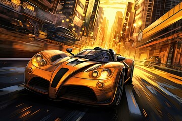 Artistic depiction of a fast car cruising through a bustling metropolis. Generative AI