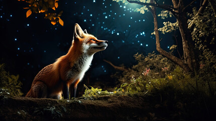 Naklejka premium A Playful Fox Is In The Moonlit Forest Photographed, Background For Banner, HD