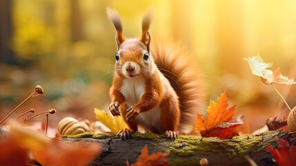 A Playful Squirrel Is In The Autumn Forest, Background For Banner, HD