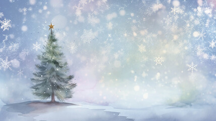 watercolor illustration, decorated Christmas tree, light white background copy space. greeting card, postcard