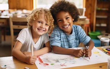 Children painting together on a table