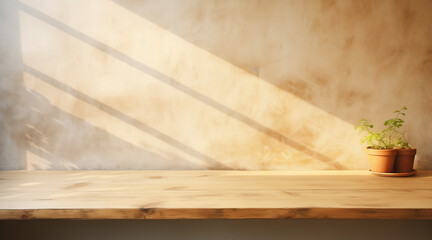 Empty wooden table top near stucco wall with with sunlight falling from the window and shadows. Table top with copy space for product advertising