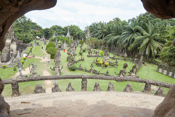 The stunning Buddha Park in Vientiane, Laos, home to numerous Buddhist and Hindu sculptures