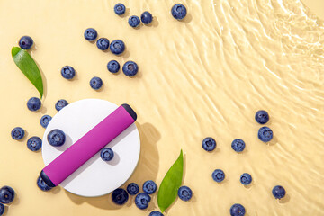 Decorative podium with electronic cigarette and blueberry in water on beige background