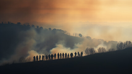 panorama of a forest fire. a group of silhouettes of people watching the landscape glow of a large wild forest fire, natural disaster cataclysm, climate warming