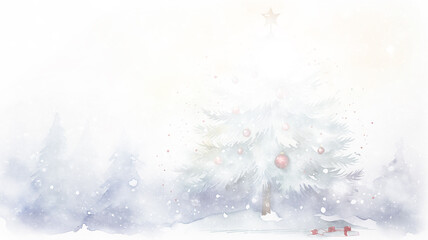 watercolor illustration, decorated Christmas tree, light white background copy space. greeting card, postcard