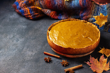 Traditional homemade pumpkin pie for Thanksgiving