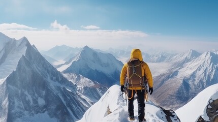 Rear view image of man wearing backpack standing on one of the snow mountain peaks