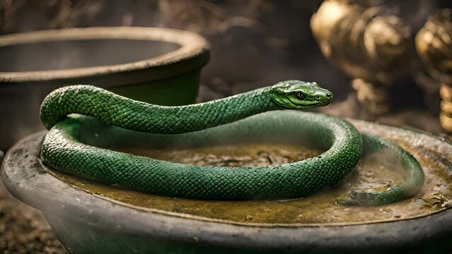 earthy green serpent slithers around cauldron, representing zodiac sign Taurus. sheds skin coils around cauldron, symbolizes alchemical transformation growth stability.