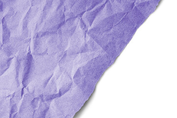 Recycled crumpled purple paper texture with diagonal torn edge isolated on transparent, white...