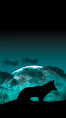 silhouette of a wolf on the moon