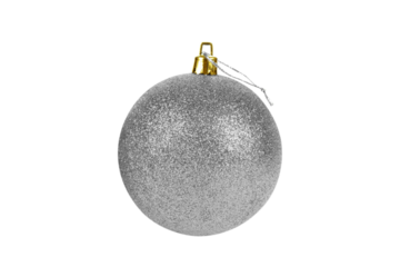 One gray, silver glittered Christmas ball isolated on white, transparent background, PNG. Decorative toy, shiny ball covered with glitter. Decor for the Christmas tree and New Year holiday.