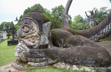 Fototapeta na wymiar The stunning Buddha Park in Vientiane, Laos, home to numerous Buddhist and Hindu sculptures